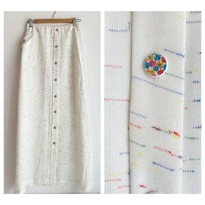 Vintage Knit White Colourful Geometric Detail Button Front Patch Pocket Skirt  S